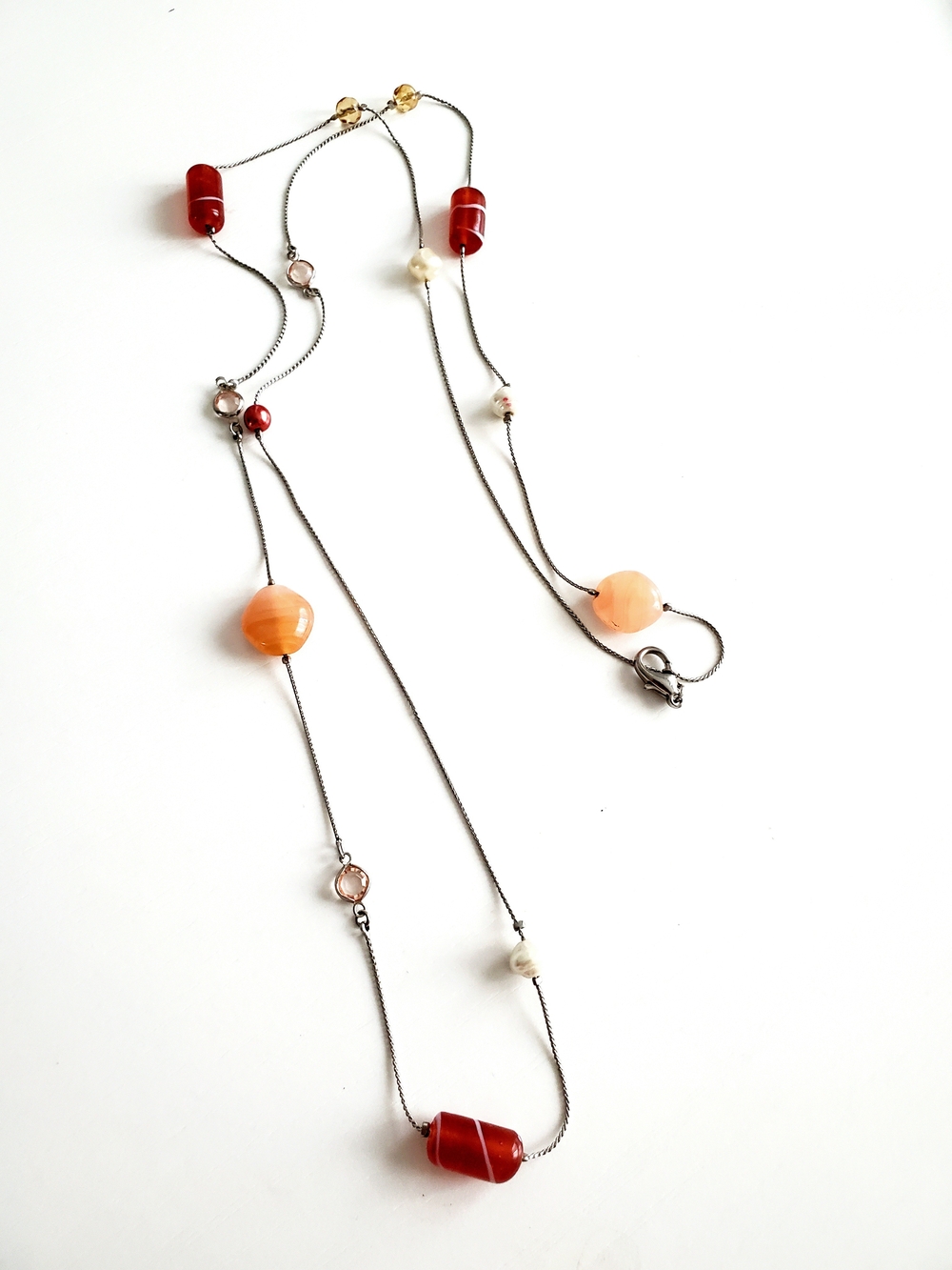 Delicate Multi-Bead Long Necklace - Peach & Red